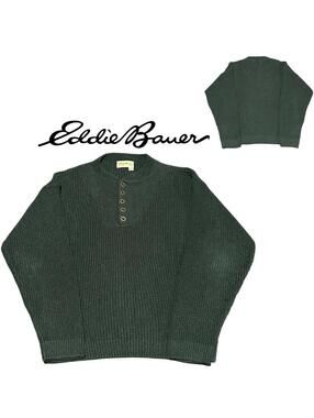 Vintage Eddie Bauer Green Henley Waffle Knit Sweater